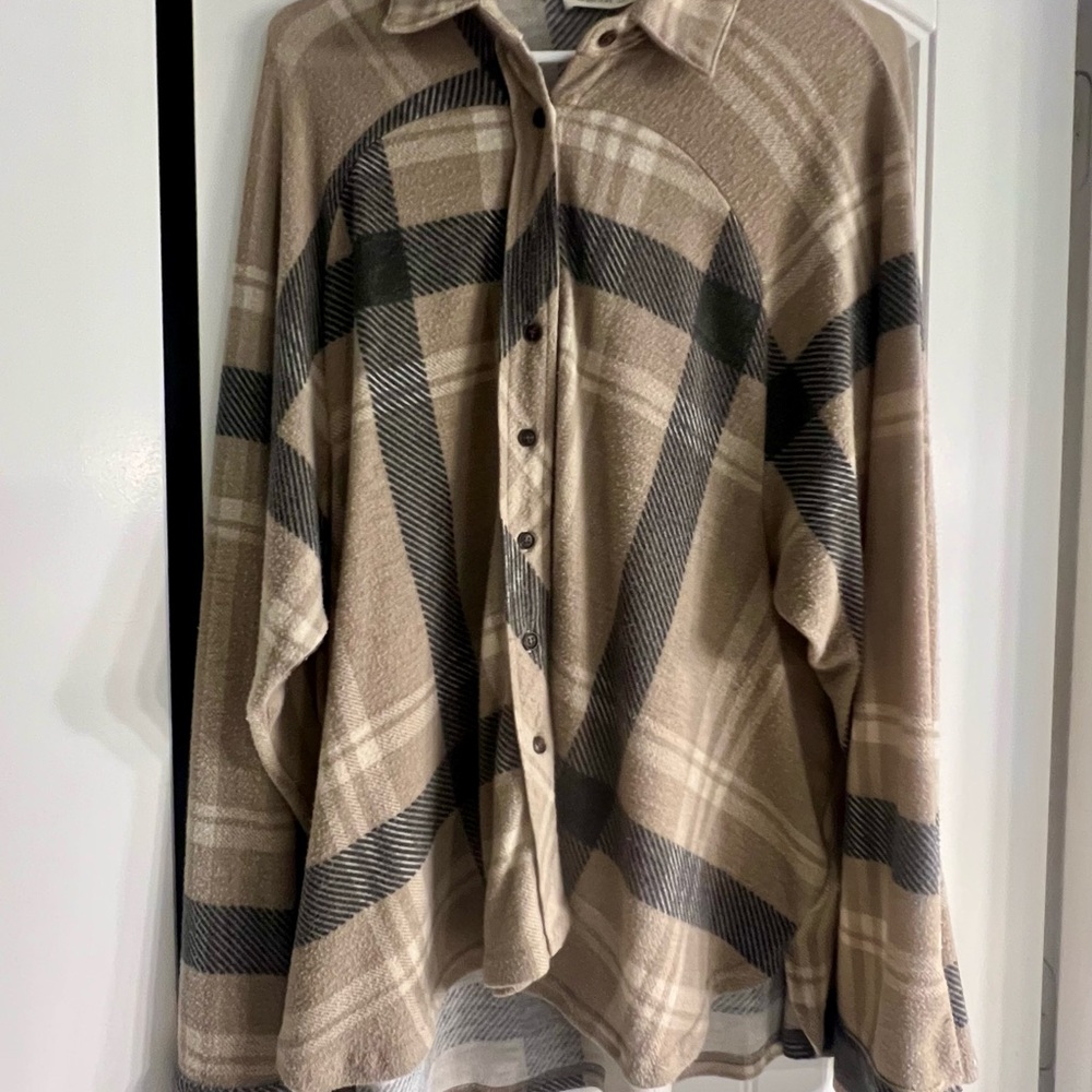 Women’s Oversized Tan / Grey Button Up Plaid Shirt